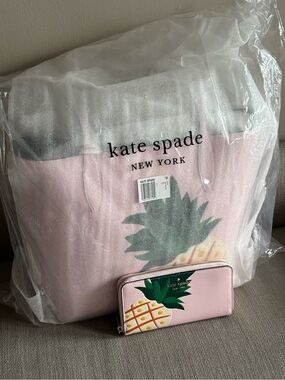 Kate Spade ♠️ Pineapple Colada large tote bag & wallet Reversible leather Beach!